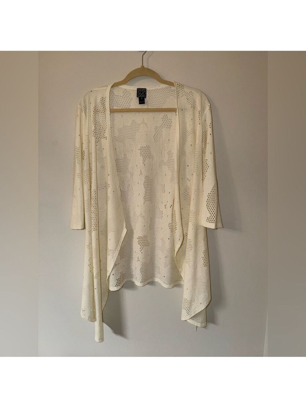 Clara Sun Woo Floral Laser Cut Open Front Cardigan - Ivory - Size Medium